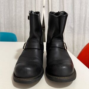 Frye Black Leather Engineer Boots with Buckle Strap